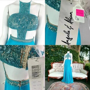 Angela & Allison Size 4 Sky Blue Beaded Floor Length Formal Gown Pageant 61146